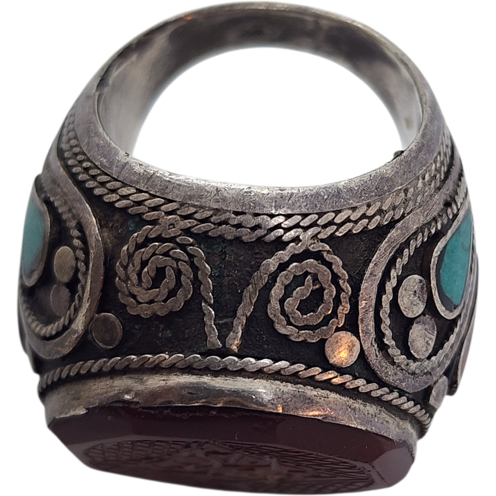 Vintage Ring Turkmen Silver Carved Turquoise Coral Inlay Sz 8.5 Arabic BIG - Picture 10 of 16